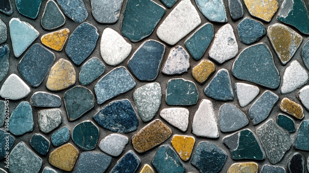 Poster a close-up view of a mosaic stone wall with intricate details and patterns
