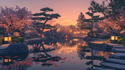 Stone lanterns and koi pond in a cherry blossom garden at golden sunset