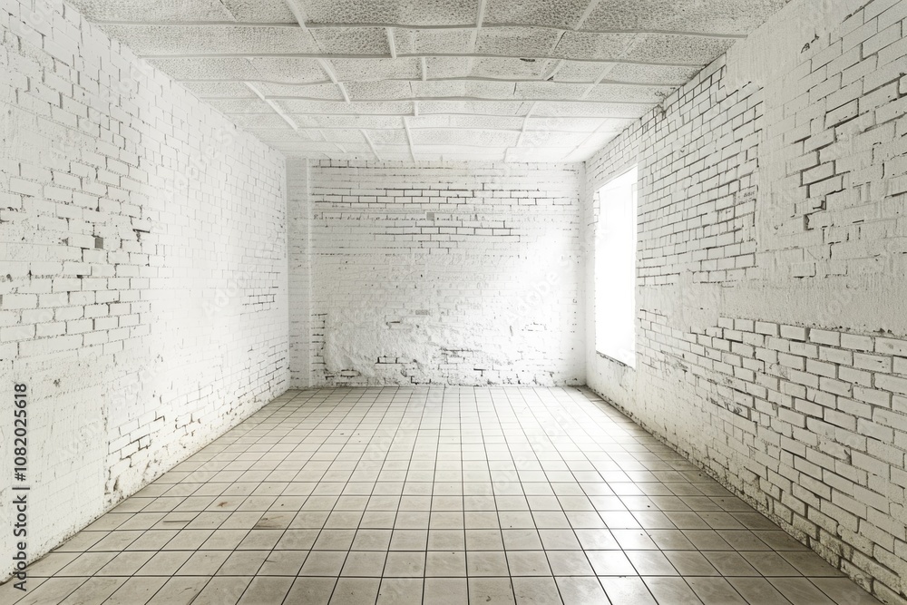 Poster a simple interior scene with a brick wall and a window, ideal for use in presentations or as a backg