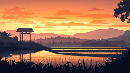 Golden sunset over rice paddies shrine on a hill and long mountain shadows