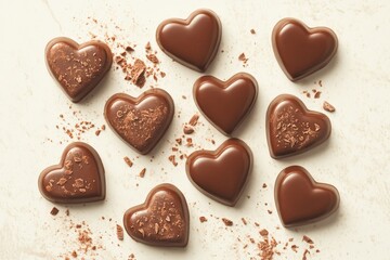 Fototapeta premium Delicious heart-shaped chocolates arranged on a light surface with chocolate shavings scattered around them