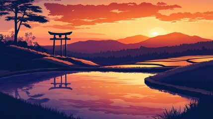 Shrine on a hill overlooking rice fields at sunset sky glowing pink-orange