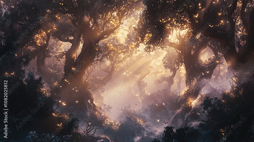 Poster explore the enchantment of a misty forest at dawn where fog dances amidst ancient trees and sunlight