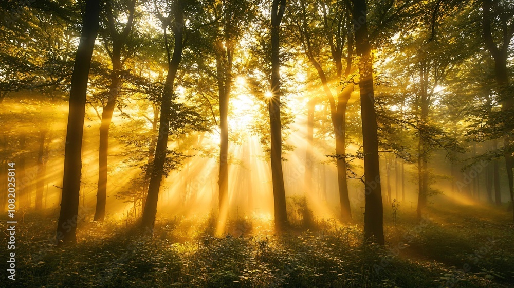 Poster experience the enchantment of a misty forest at dawn as sunlight breaks through the fog