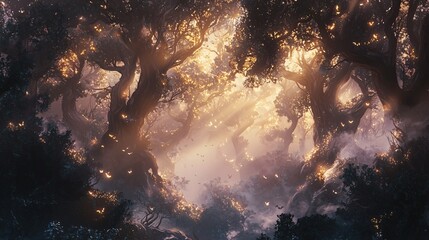 Fototapeta premium Explore the enchantment of a misty forest at dawn where fog dances amidst ancient trees and sunlight filters through leaves