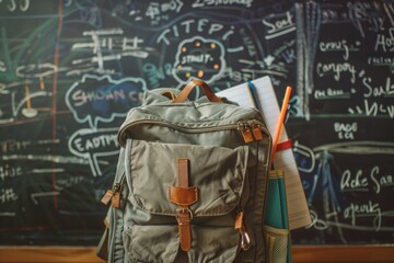Obraz premium A backpack sitting in front of a chalkboard with a white background