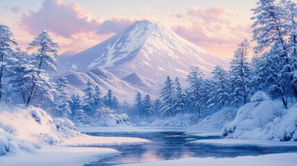 Snow dusts pine forest river frozen sky's pastel hues greet the morning light