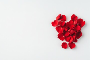 Red rose petals arranged in a heart shape on a clean white surface for a romantic decoration or event