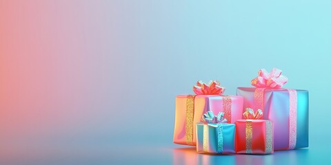 Colorful gift boxes with ribbons on gradient background