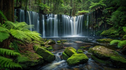 Obraz premium Serene Waterfall in Lush Green Forestscape