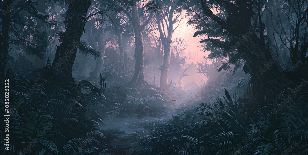 Poster explore the enchantment of a mist-covered forest at dawn bathed in soft ethereal light