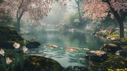 Koi pond glows under soft blossoms moss stones add calm to spring garden view
