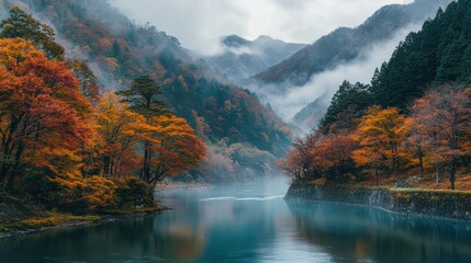 Muted blue mountains in mist autumn leaves line river in soft overcast light