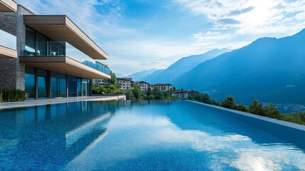 Infinity-edge outdoor pool in a luxurious modern apartment complex with minimalistic architecture and a scenic mountain backdrop.