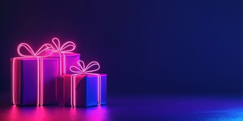 Neon glowing gift boxes on dark background