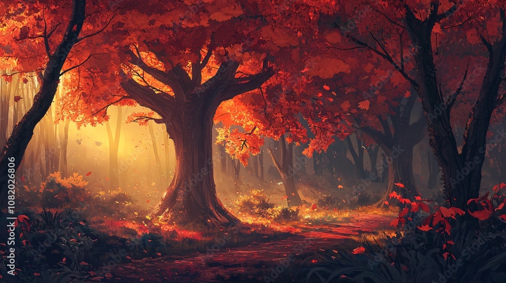 Poster explore the enchanting beauty of a remote forest filled with towering trees and vibrant red leaves i