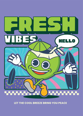 Fototapeta premium Story image with coconut character waving. The message to be conveyed is an invitation to start the day with a positive spirit.