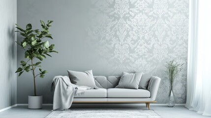 Minimalist damask wallpaper soft gray florals on a matte white background
