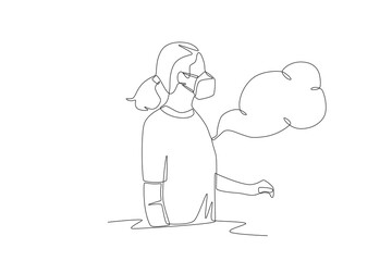 Woman wearing a mask amidst air pollution. Air pollution concept one-line drawing
