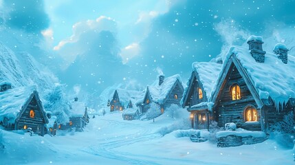 Fototapeta premium Explore the enchanting beauty of a remote village enveloped in fresh snow under a brilliant sky