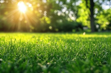Fototapeta premium Beautiful Sunlight Illuminates Lush Green Grass in Tranquil Nature Scene for Relaxation, Outdoor Activities, and Natural Background Use