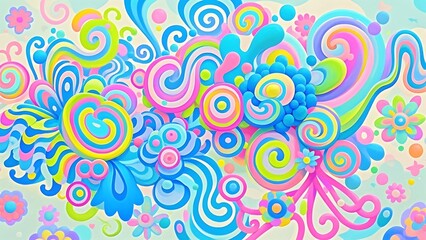 Fototapeta premium Abstract colorful swirls, flowers, and circles on a light blue background.