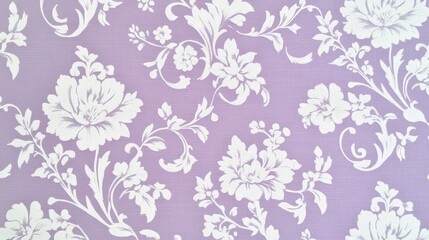 Light lavender background intricate white floral swirls add elegance and depth