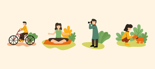Set of daily life scenes. Flat cartoon character illustration