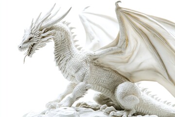Fototapeta premium A statue of a white dragon perched on a rocky outcropping, perfect for fantasy or mythology-themed designs
