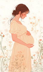 Fototapeta premium A serene and peaceful portrayal of a pregnant woman in a pastel-colored dress, gently cradling her belly. 