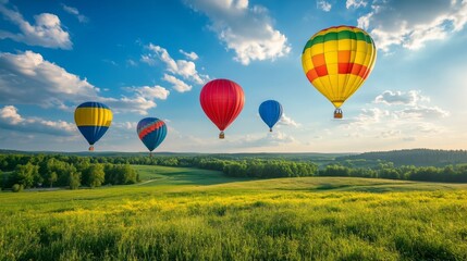 Obraz premium Colorful Hot Air Balloons Over a Lush Landscape