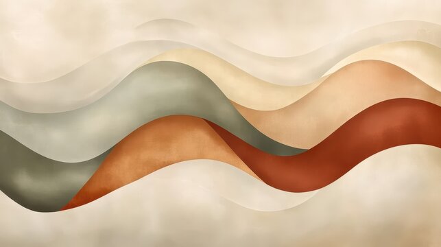 Retro abstract waves in olive terracotta cream; soft textures and serene gradients