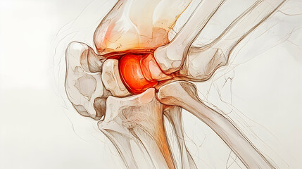 a cross-sectional diagram of the knee, highlighting inflammation due to arthritis