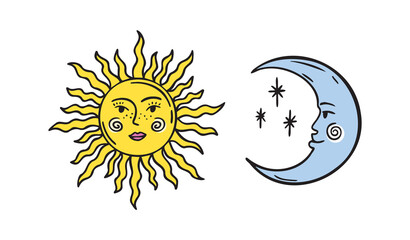 Moon and sun faces, set of beautiful mystical cartoon doodle elements, yellow sunshine and blue crescent cosmic symbols. Sun and moon whimsical boho style