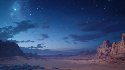 Obraz premium A wide open desert landscape under a vast, starry night sky with towering rock formations in the distance.