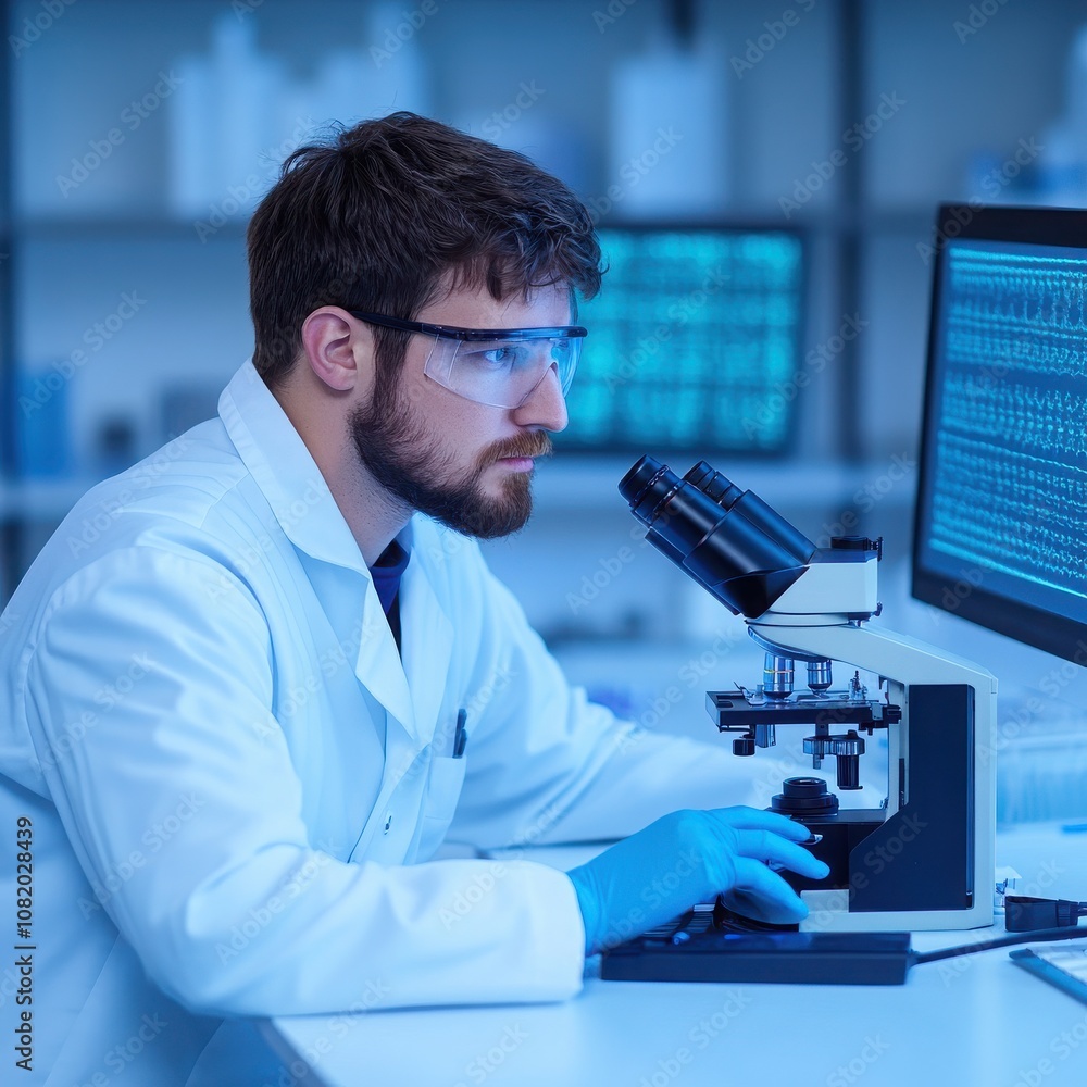 Poster a dedicated scientist analyzing samples with a microscope in a modern laboratory environment, showca