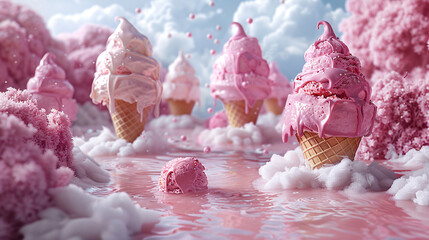 Indulgent ice cream delight in a dreamy pink landscape sweet treats under cotton candy clouds whimsical fantasy scene