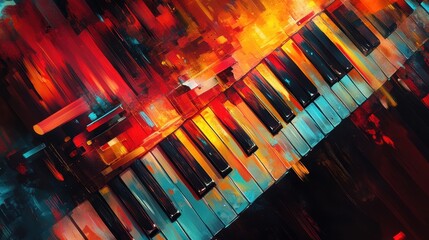 Bold fragmented keys glowing in red blue and yellow with soft light