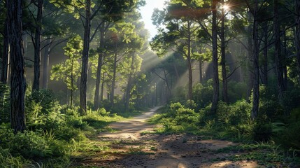 Serene Forest Path with Sunlight and Lush Greenery