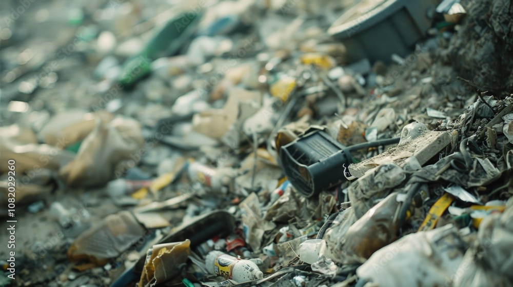 Poster a heap of discarded items on the roadside, suitable for use in scenes depicting urban neglect or env