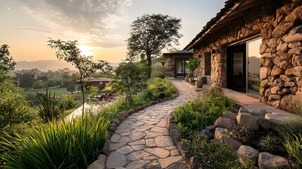Fototapeta premium Stone-Walled Rustic Lodge with Garden Pathway and Lush Landscape