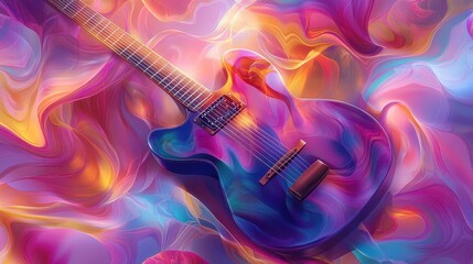 Fototapeta premium Glowing shapes surround a guitar on a smooth artistic background