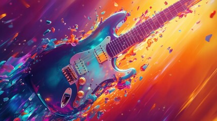 Obraz premium Iridescent guitars dissolve into splashes on a vibrant fluid wallpaper