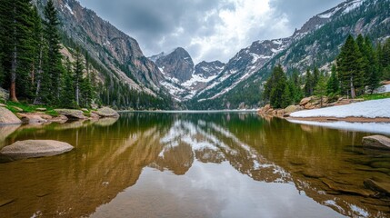 Fototapeta premium Mountain Lake Reflection with Snow-Capped Peaks and Lush Forest
