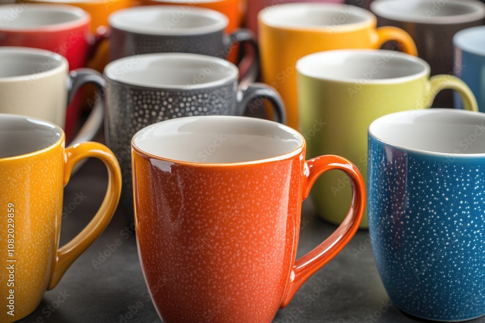 Poster a collection of coffee mugs arranged on a table surface