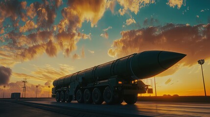 A BrahMos missile stands poised on the launchpad at dawn, illuminated by the early light and set against vibrant clouds