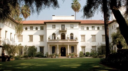 Fototapeta premium Elegant Spanish-style mansion with lush gardens and palm trees, showcasing architectural beauty amidst greenery and a serene atmosphere in bright daylight