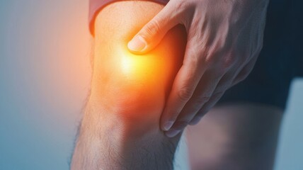 Joint pain concept. A person grasping their knee, indicating discomfort or pain, likely related to an injury or medical condition affecting the joint.