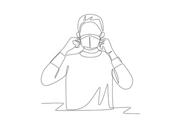 Woman wearing mask to avoid air pollution. Air pollution concept one-line drawing