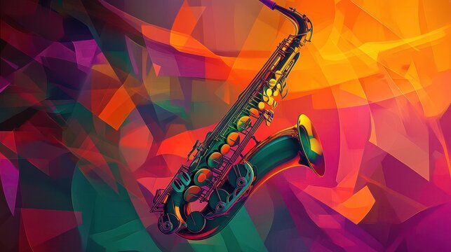 Glowing saxophone parts dissolve into waves on a bright creative backdrop